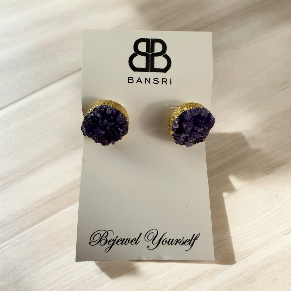 BANSRI PURPLE DRUZY STUD EARRINGS GOLD TONE NEW